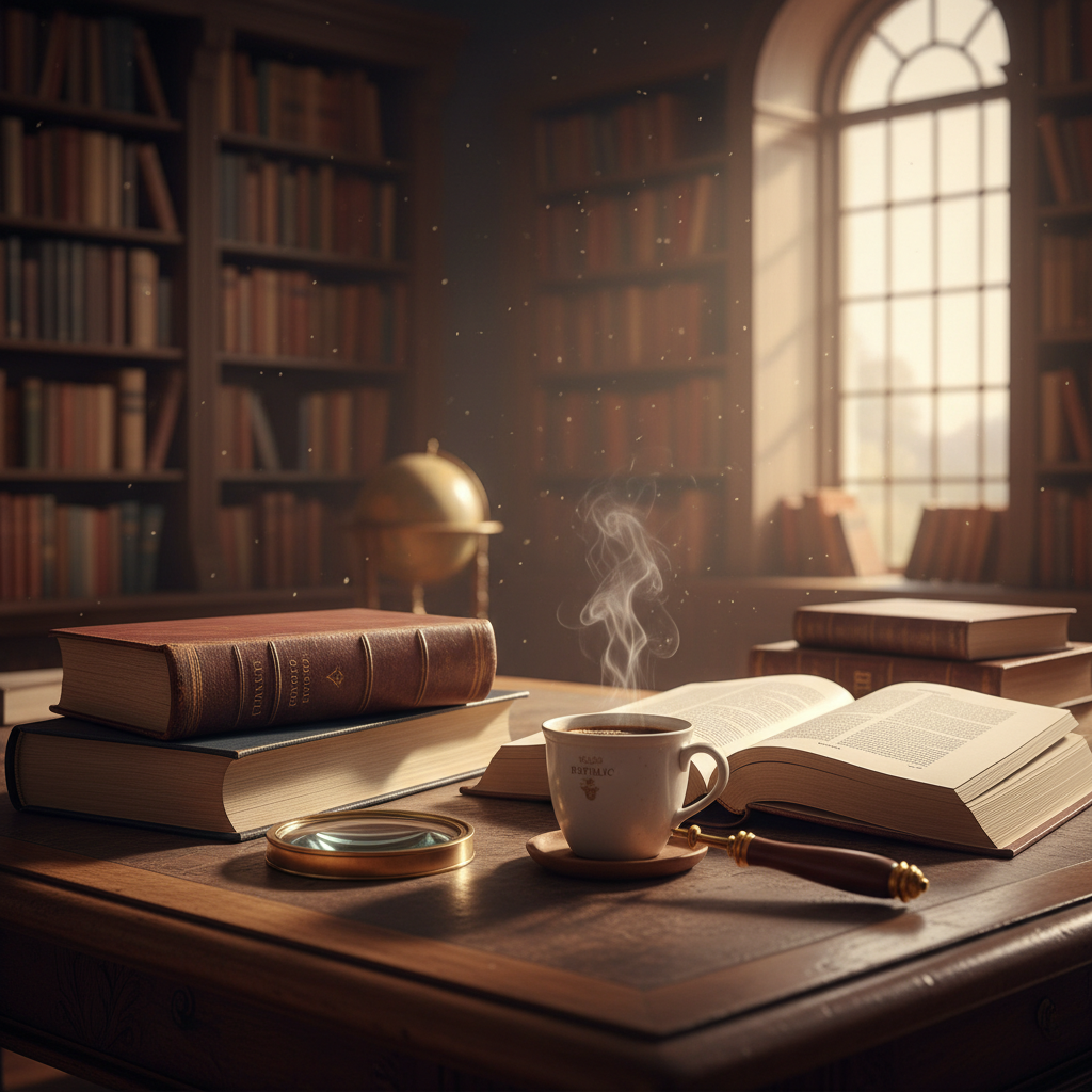 따뜻한 오후의 햇살이 비치는 고풍스러운 서재에서 칸트나 플라톤의 두꺼운 철학 서적이 펼쳐져 있고 그 옆에 김이 모락모락 나는 커피 잔과 돋보기가 놓여 있는 시네마틱한 고화질 사진