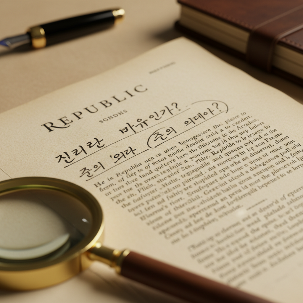 오래된 철학 고전의 빛바랜 페이지 위에 손글씨로 정갈하게 적힌 메모와 밑줄이 선명하게 보이는 매크로 접사 이미지로 지적인 탐구의 분위기를 강조한 사진