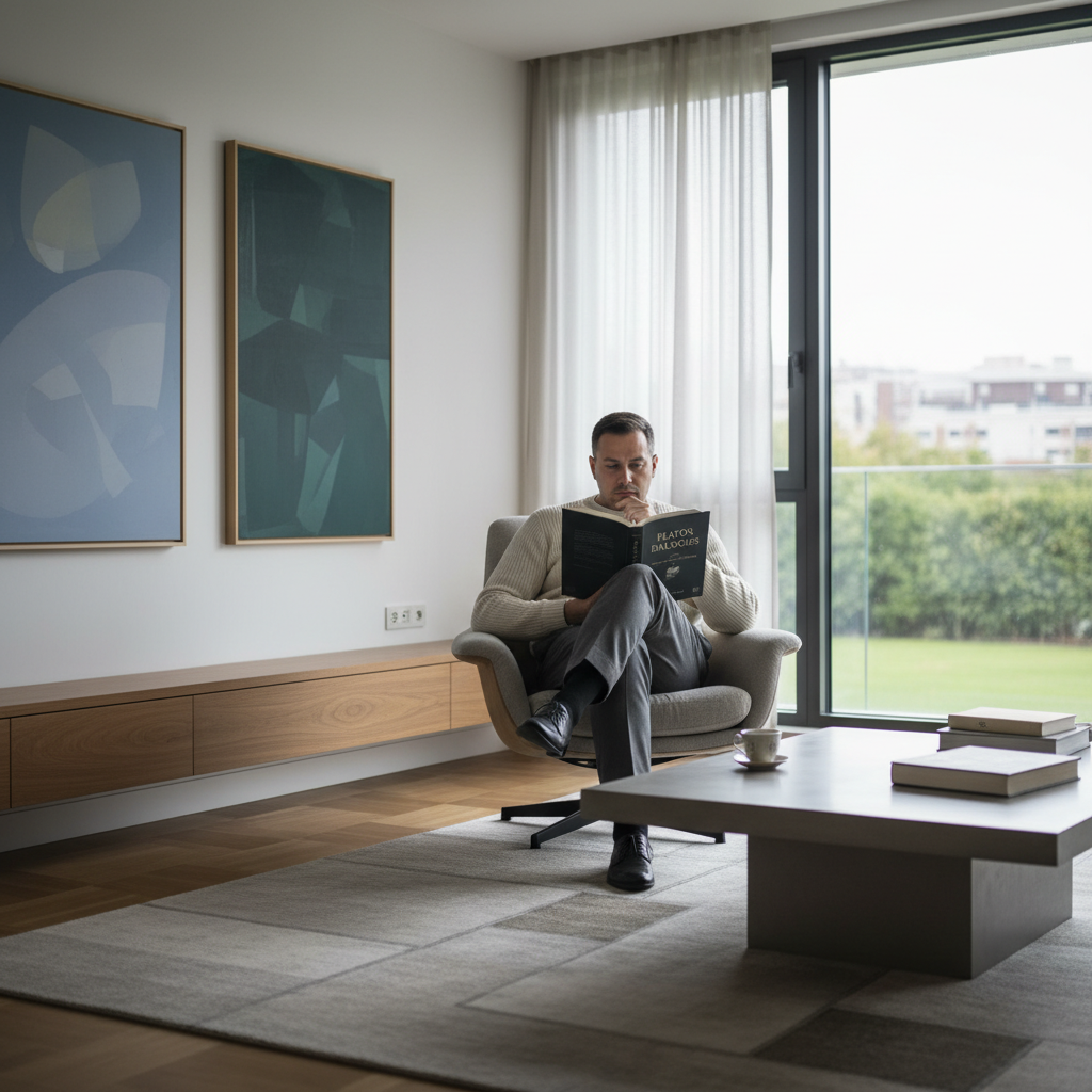 미니멀하고 현대적인 거실의 커다란 창가 옆에서 한 인물이 안락의자에 앉아 철학 서적을 읽으며 깊은 생각에 잠겨 있는 평화롭고 정적인 분위기의 고해상도 이미지