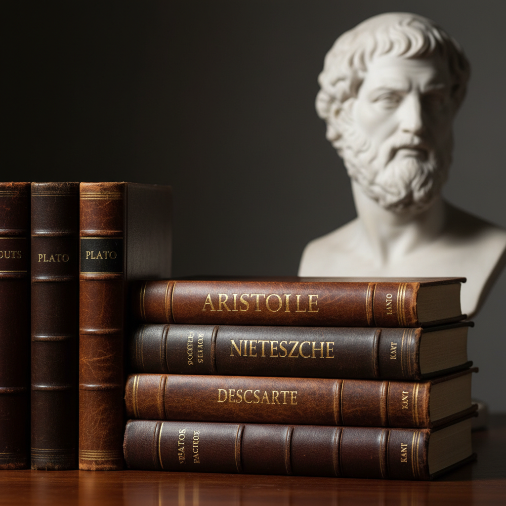 아리스토텔레스와 니체 등 유명 철학자들의 이름이 금박으로 새겨진 가죽 양장본 서적들이 세련된 구도로 쌓여 있고 배경에 대리석 조각상이 흐릿하게 보이는 예술적인 사진